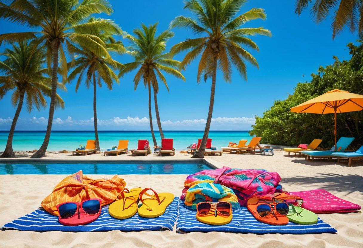 A vibrant beach scene showcasing a variety of bikini styles laid out on colorful beach towels, alongside trendy swimming accessories like sunglasses, flip-flops, and beach bags. Include cheerful sunbathers and palm trees under a clear blue sky, all exuding a lively summer vibe. Emphasize bright colors to evoke a sense of fun and relaxation. tropical paradise. vibrant colors. super-realistic.