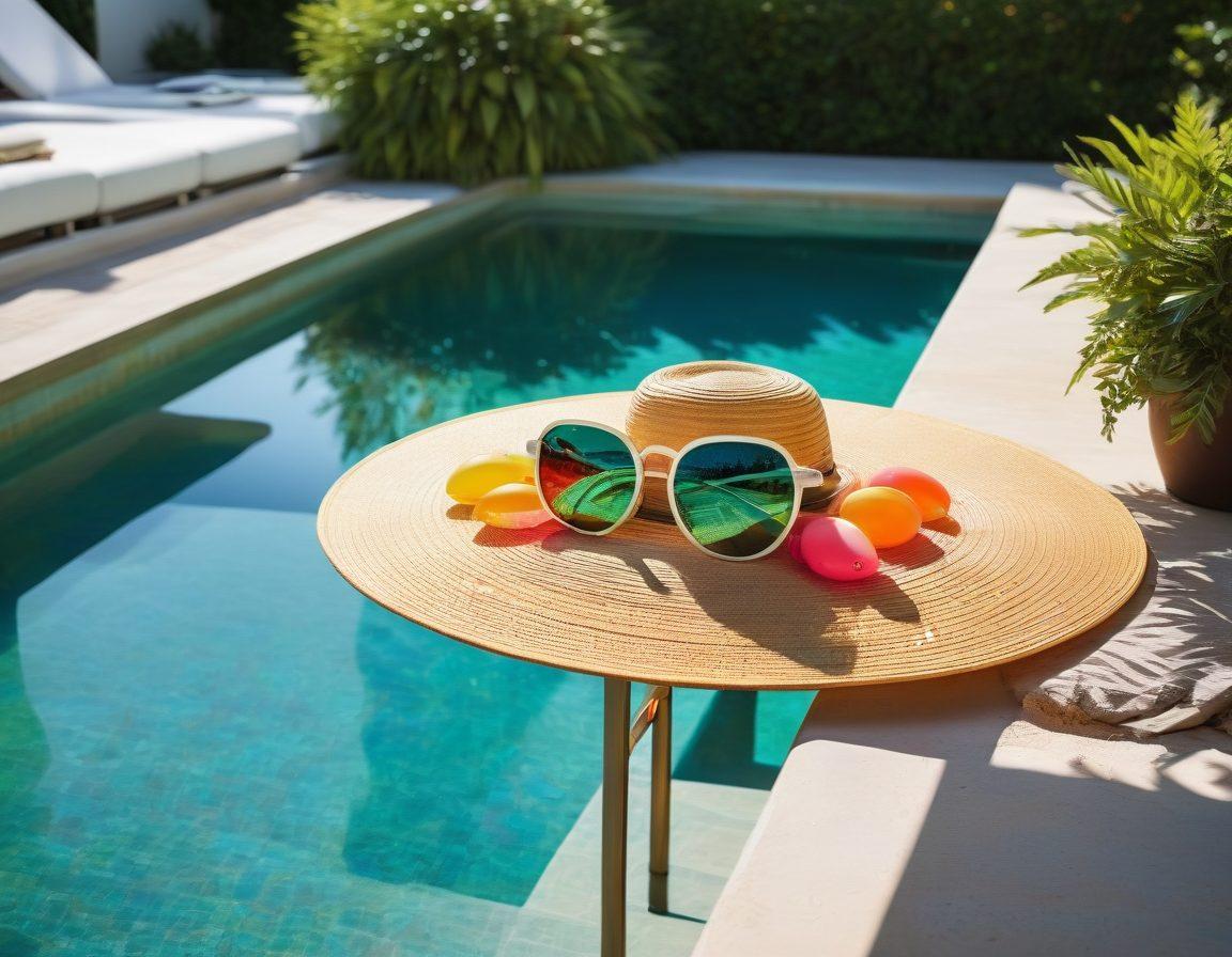 A stylish individual lounging by a luxurious pool, wearing a fashionable swimsuit and accessorized with chic sunglasses and a wide-brimmed hat. The scene captures vibrant poolside elements like colorful floaties and a refreshing drink on a side table. Sunlight sparkles on the water, creating a summery atmosphere. The background features lush greenery and elegant poolside furniture. super-realistic. vibrant colors. sunny day.