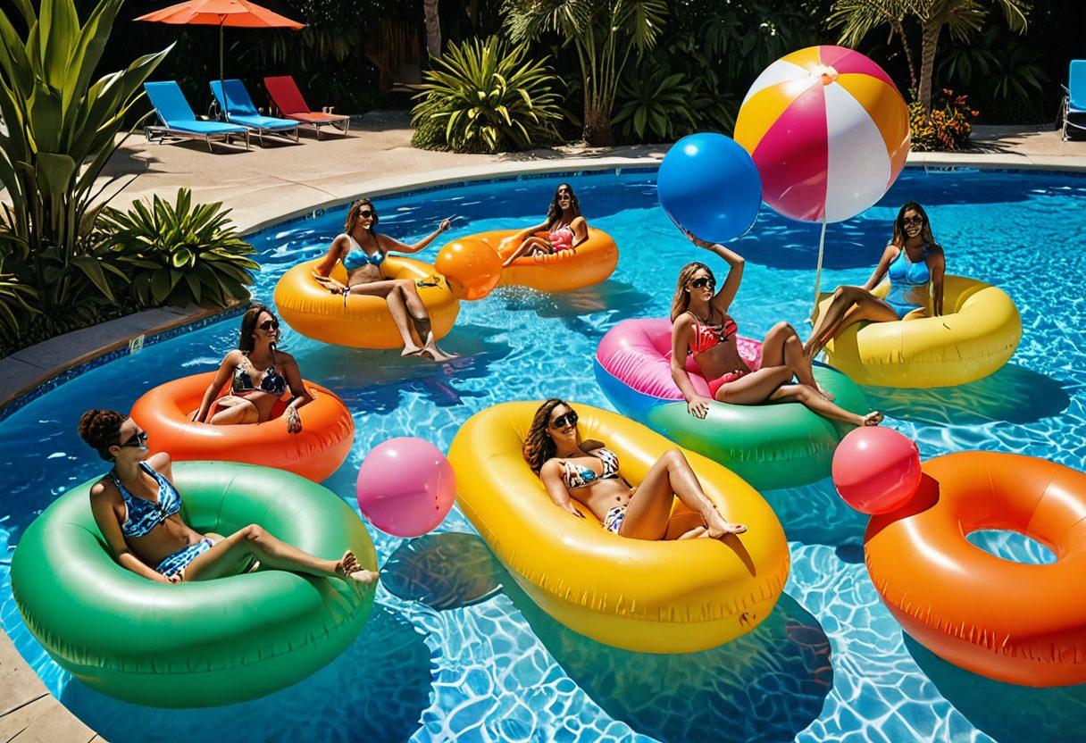 A vibrant summer scene featuring a diverse group of friends at a pool party, showcasing colorful swimming gear such as bright floats, stylish swimsuits, and trendy sunglasses. The sun is shining brightly, and there are tropical plants and poolside refreshments adding to the festive atmosphere. Include elements like surfboards and beach balls in the background for extra fun. super-realistic. vibrant colors.